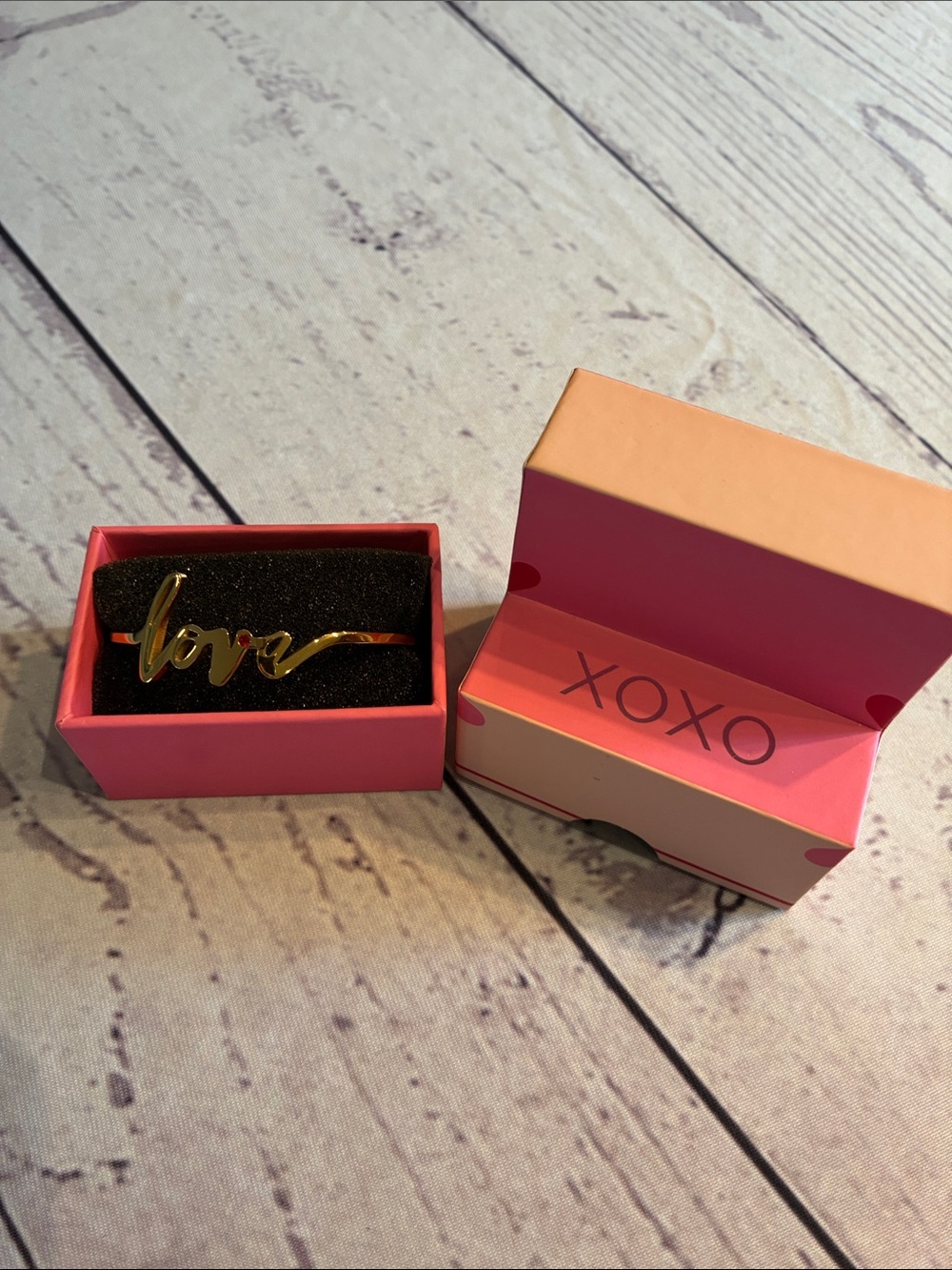 🎉NEW LISTING!🎉Rustic Cuff Gold Tone 'Love' Script Cuff with Pink Box